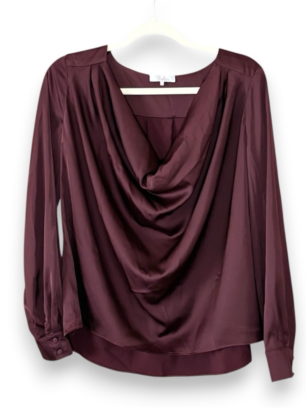Parker Burgundy Draped Long Sleeve Blouse Size Small Classic Elegant Office